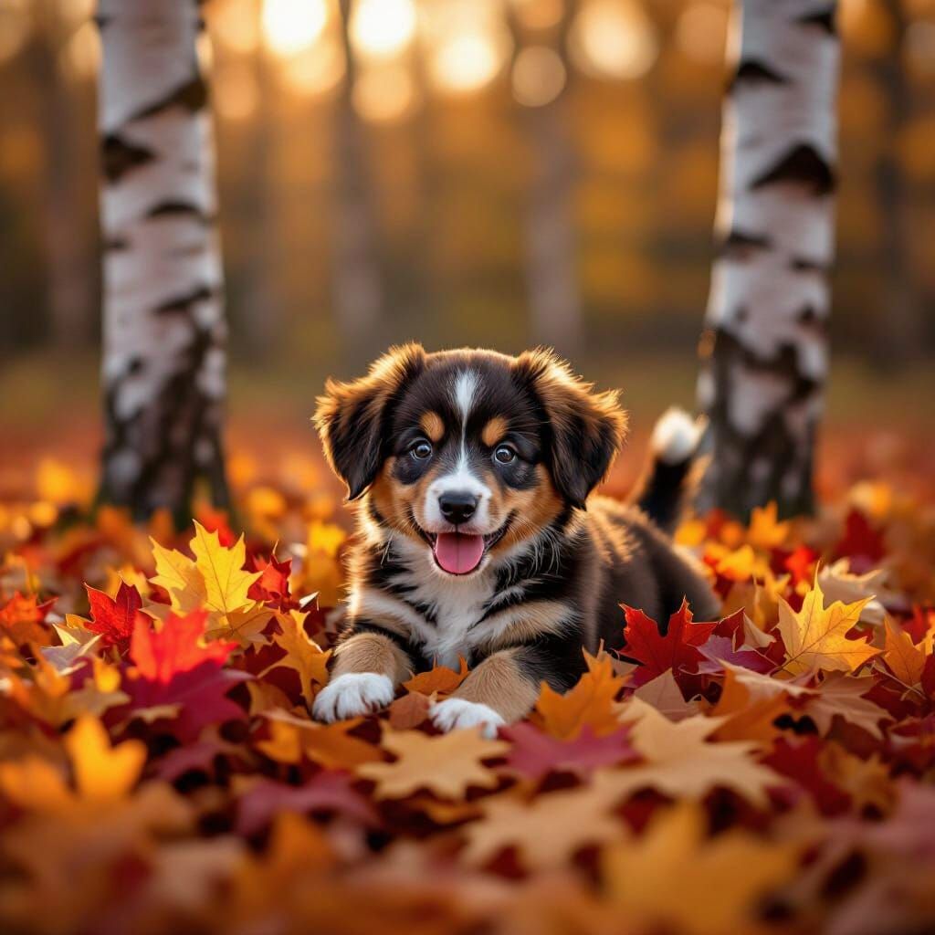 Adorable Puppy Rolling in Autumn Leaves with Birch Trees