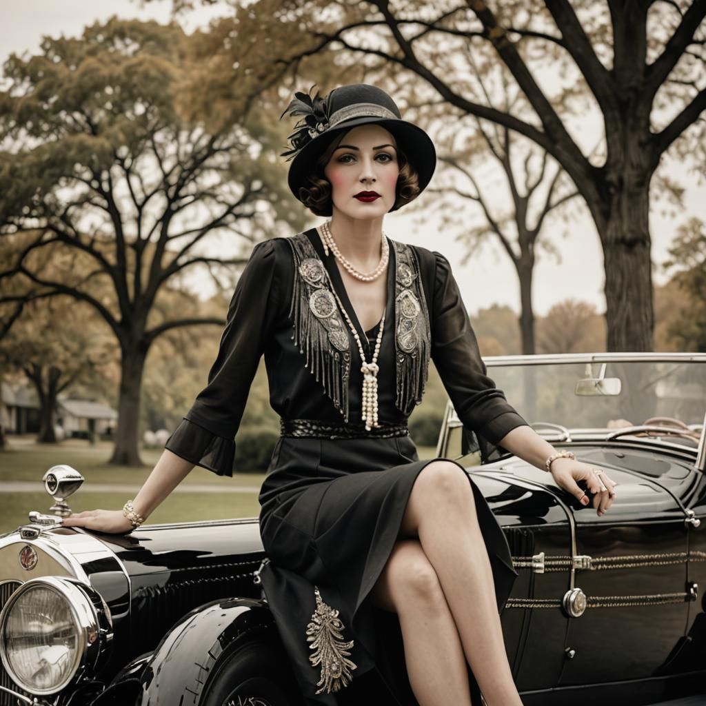 Vintage Photograph of Woman in 1920s Style on Duesenberg