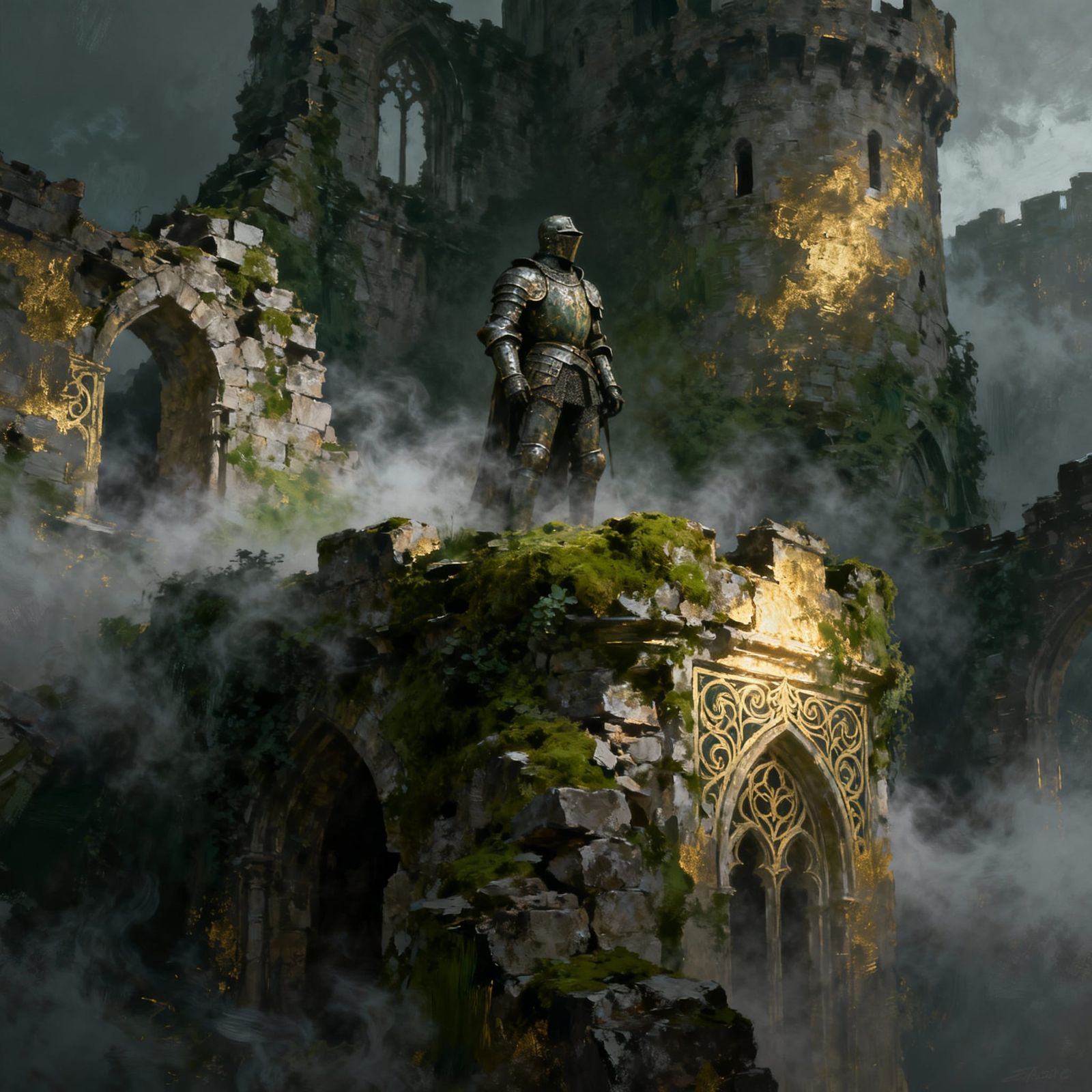 Knight in Castle Ruins with Misty Atmosphere