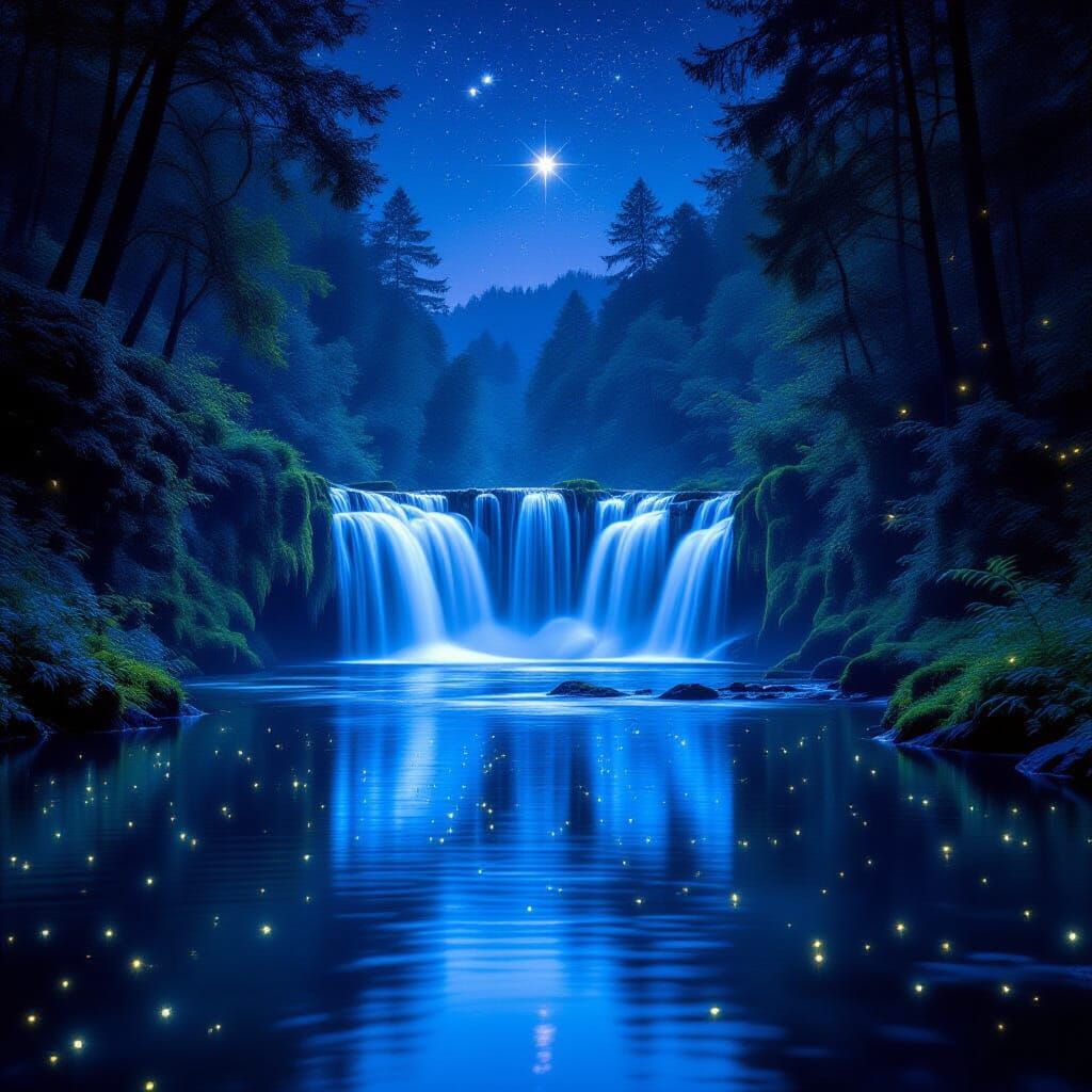 Enchanted Forest Night Scene With Luminescent Waterfalls