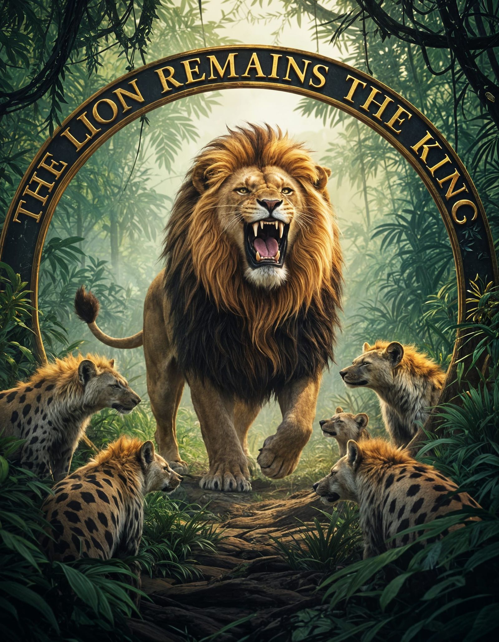 Majestic Lion Roaring in Detailed Jungle, Royal Fantasy Real...