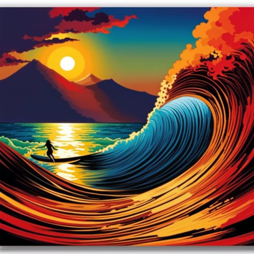 Surfer Woman Rides Wave at Sunset in Hokusai Style
