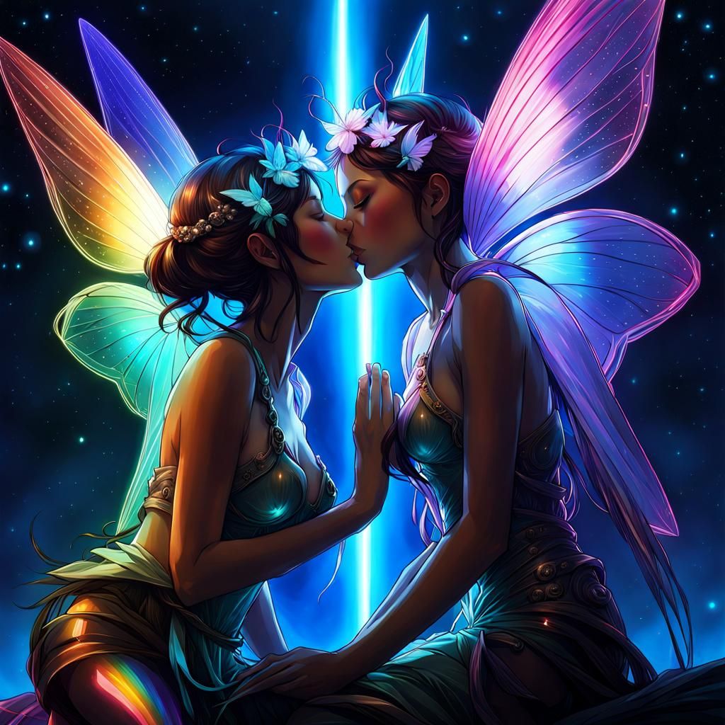 Lesbian Fairies Kissing as Constellations in Rainbow Light