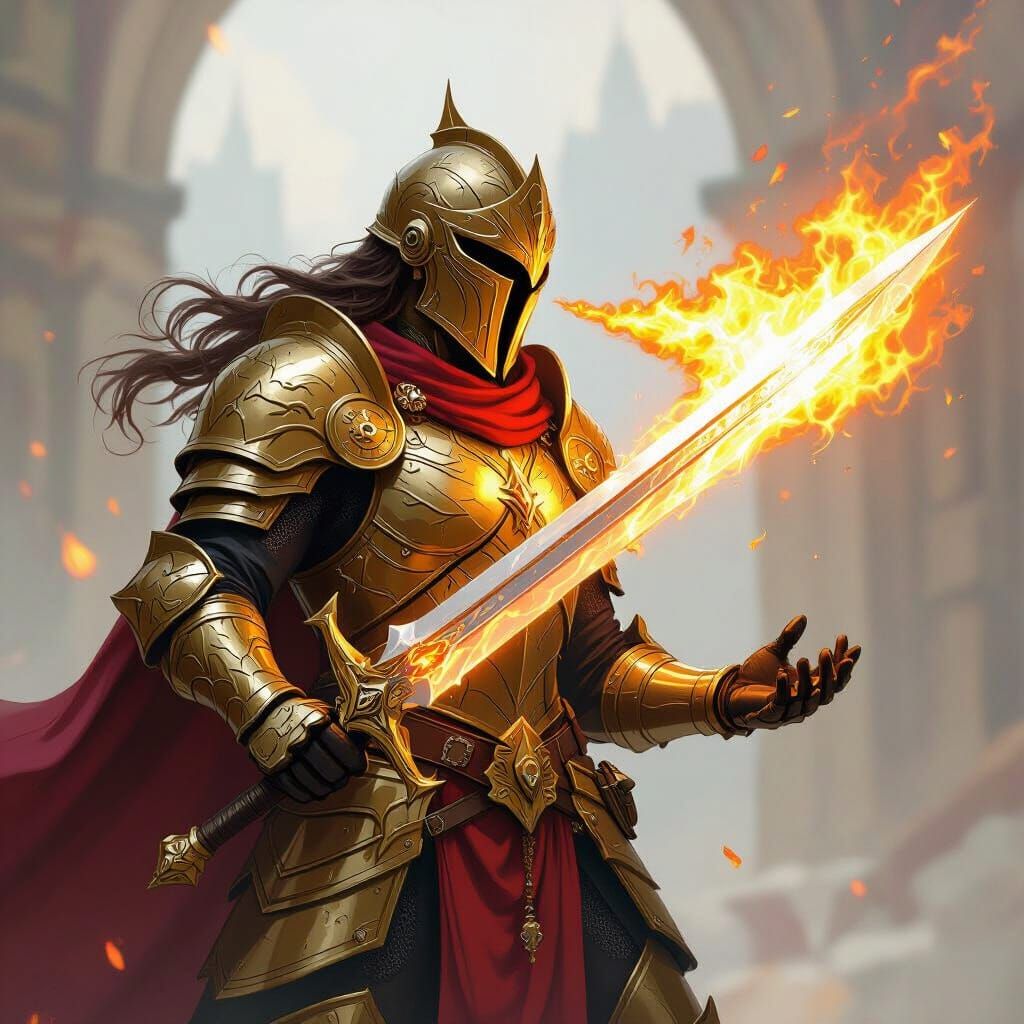 Dragonborn Paladin Breathing Fire in Sci-Fi Fantasy Style