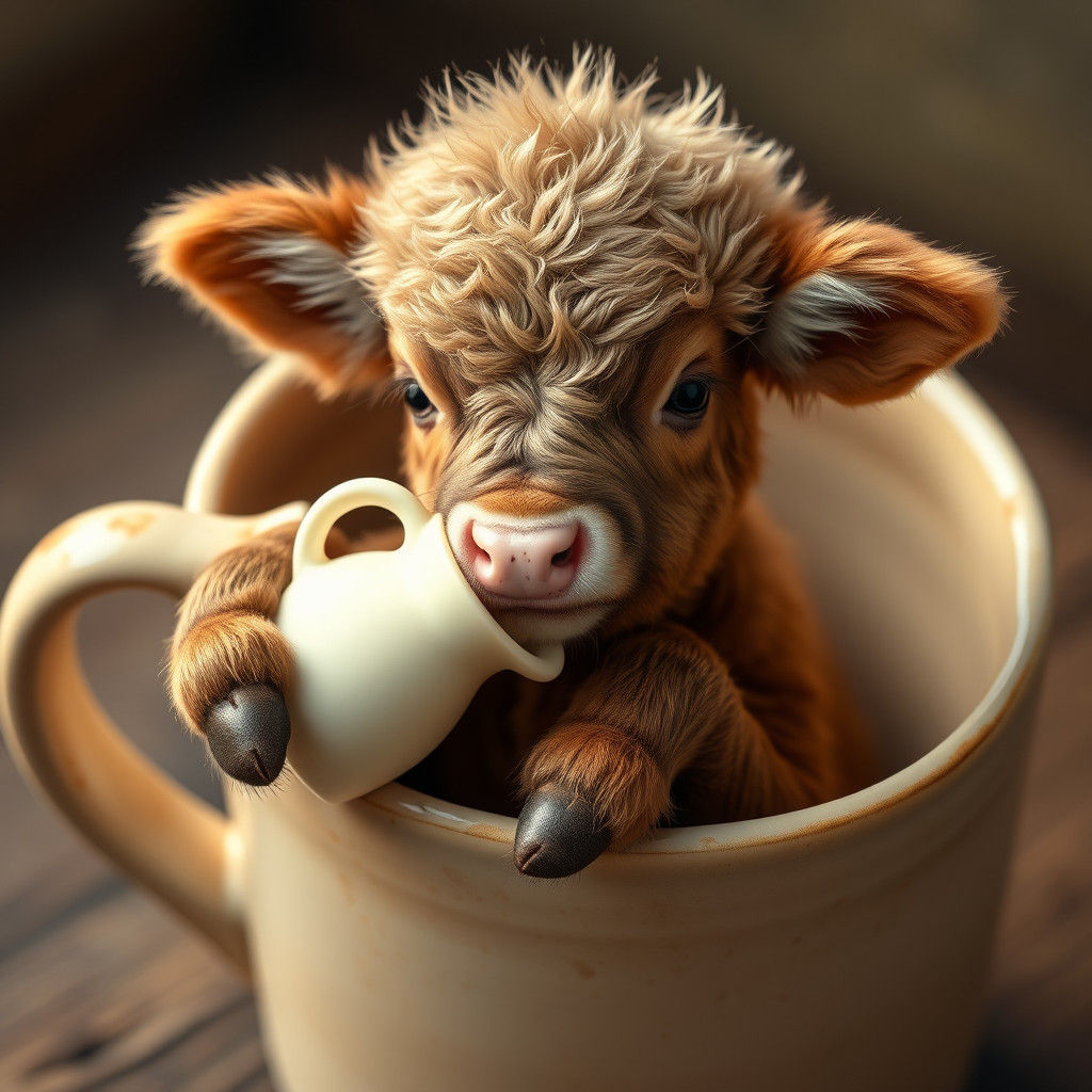 Adorable Fluffy Calf in Mug with Milk Jug