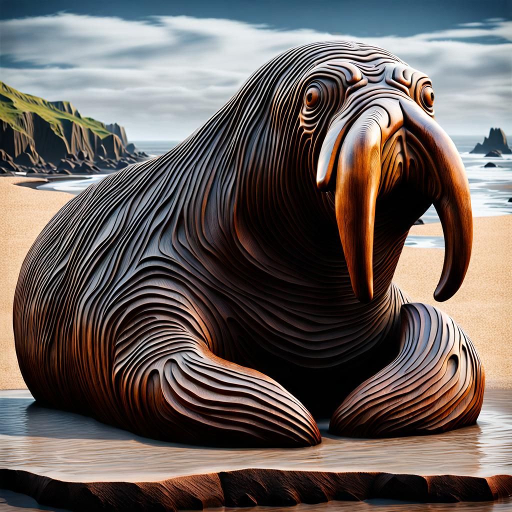 Dark Wood Walrus Sculpture in Henry Moore Style