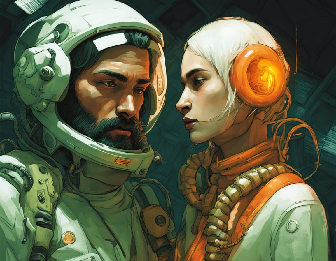 Retrofuturistic Astronaut and Pixie Beauty in Neon Love