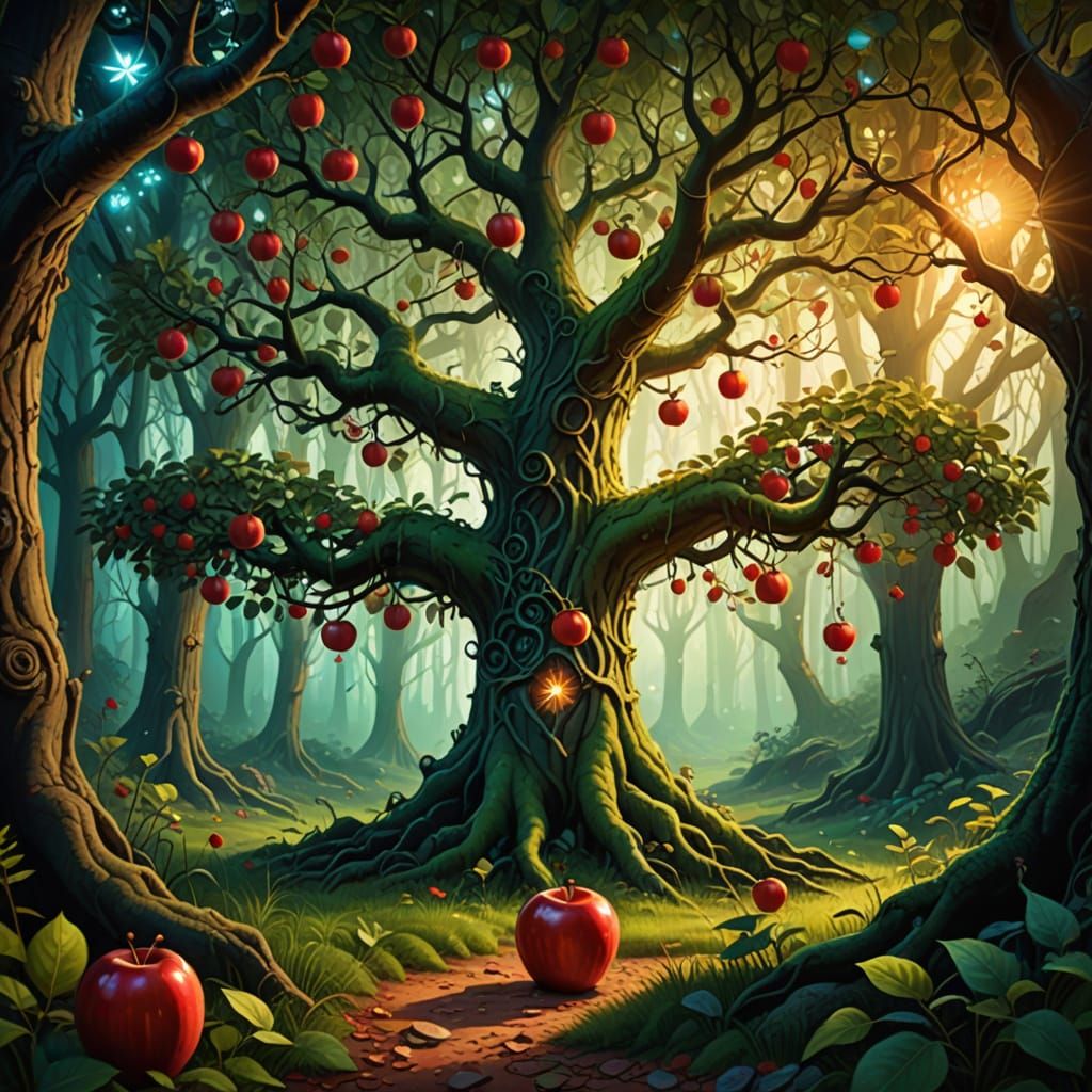 Mystical Apple Tree in a Whimsical Fantasy Forest