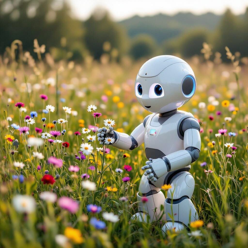 robot, picking flowers
