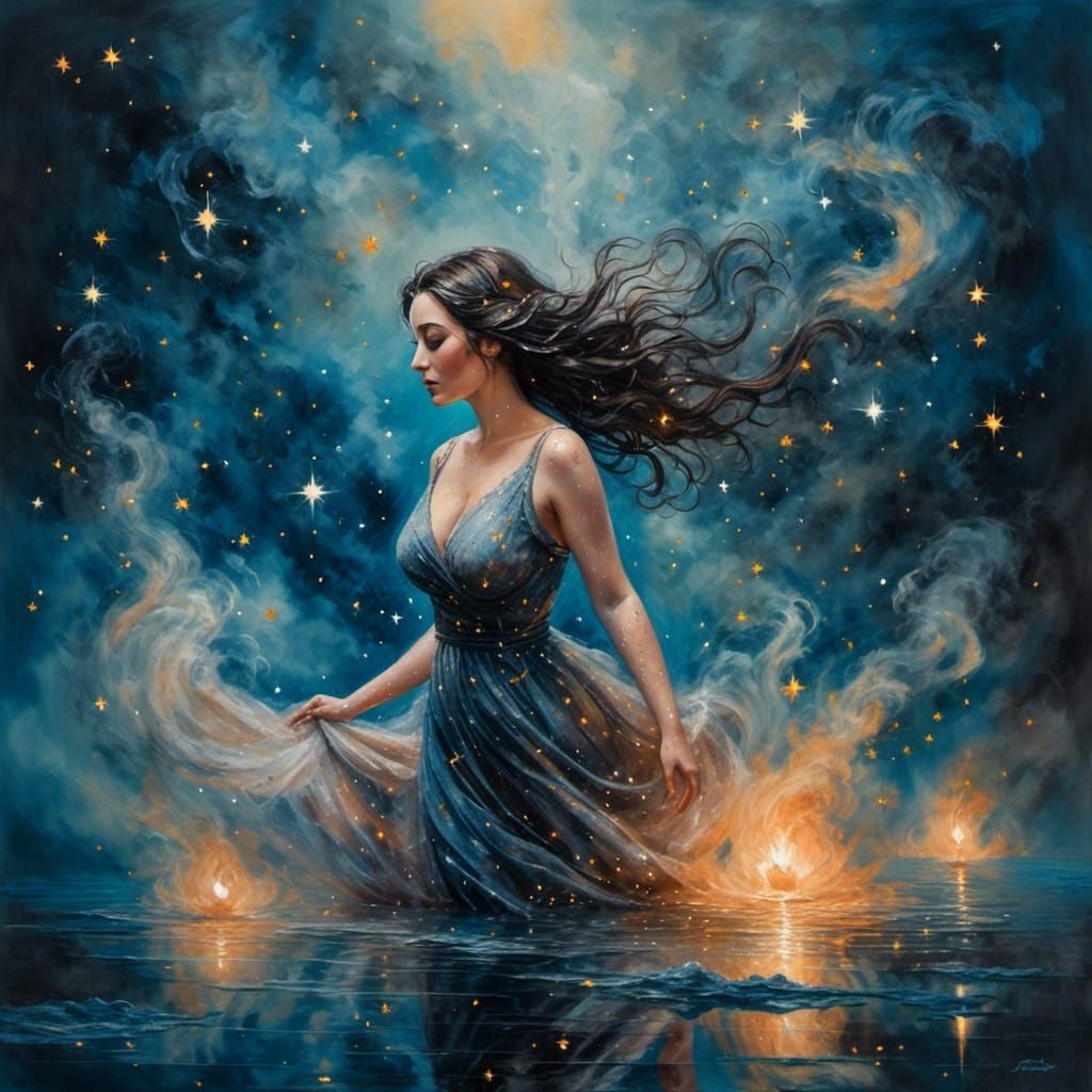 Ethereal Woman Emerges from Starry Lake