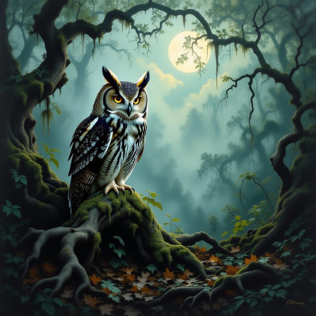 Ancient Owl with Molten Gold Eyes in Misty Forest