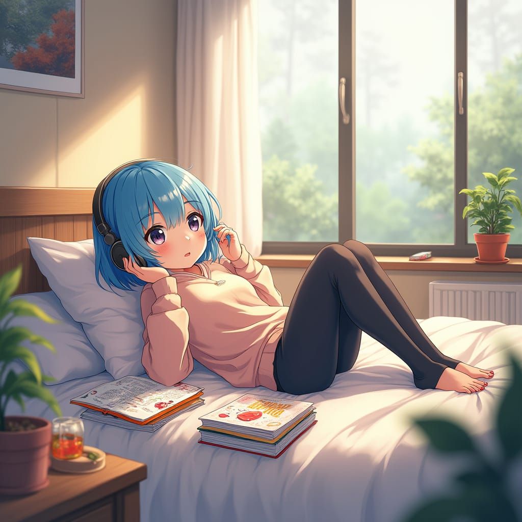 Anime Girl in Cozy Morning Scene with Manga and Snacks