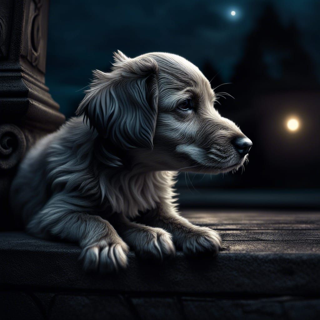Hyperrealistic Sad Puppy in Moody Moonlight