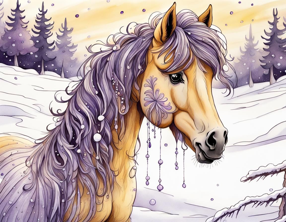 Shaggy Pony in Snowy Twilight: Ink Illustration