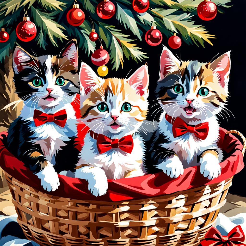 Christmas Kittens and Puppies in Gouache Style