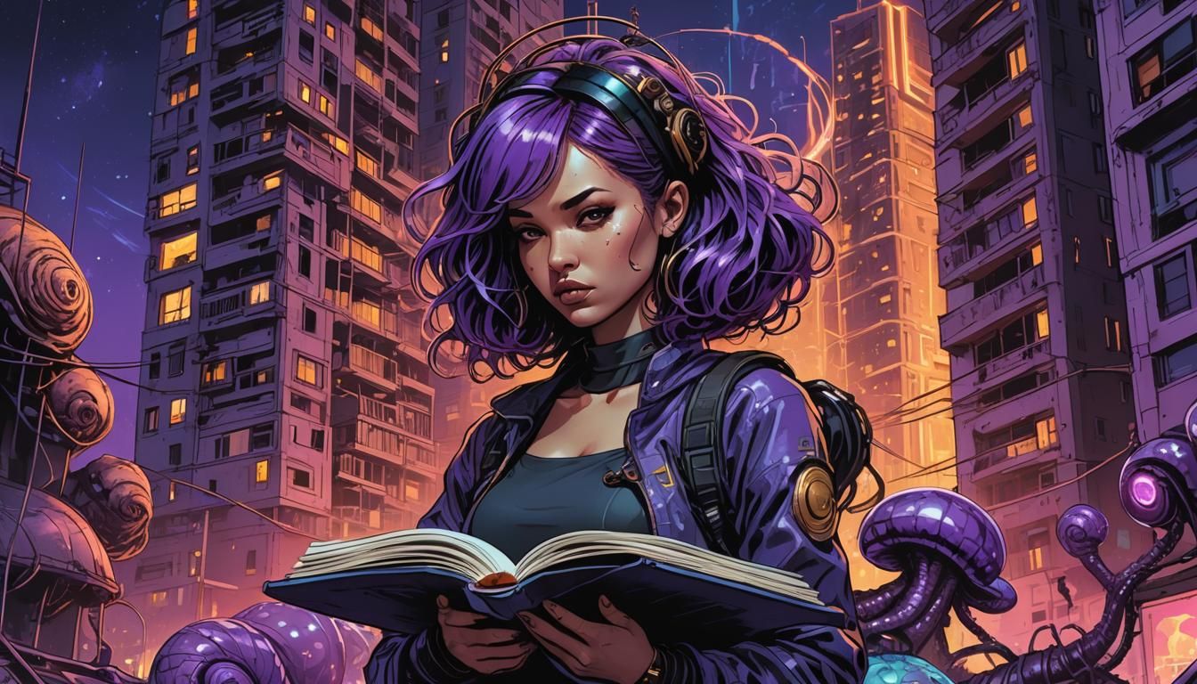 Cyberpunk Girl in Comic Book Art with Space Snails