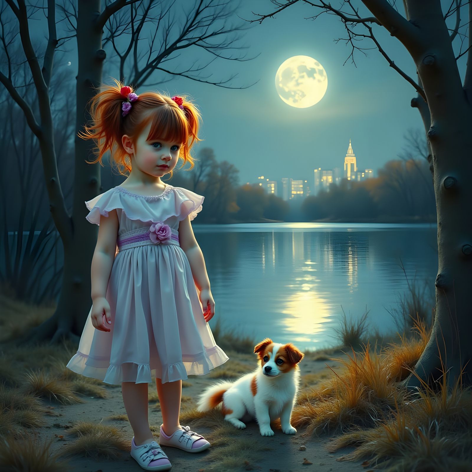 Girl with Dog in Moonlit Scene as Impasto Painting