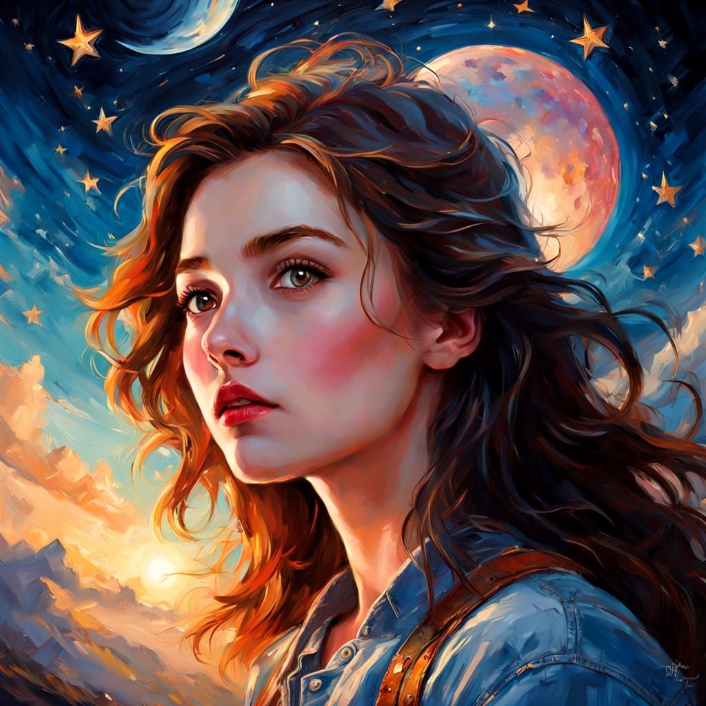 Whimsical Dreams Under Starry Sky Oil Painting