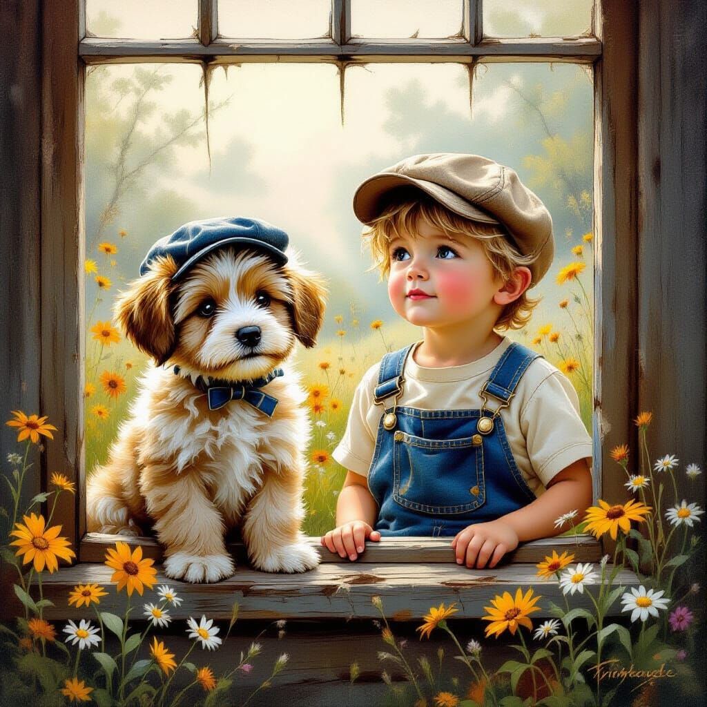 Boy and Puppy Gaze Through Window in Kinkade Style