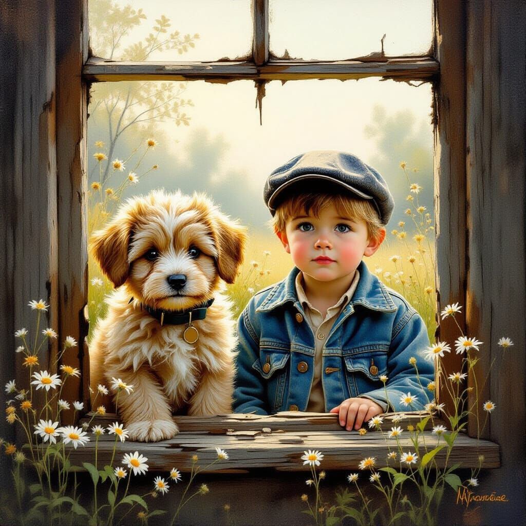Boy and Puppy Gaze Through Window in Kinkade Style