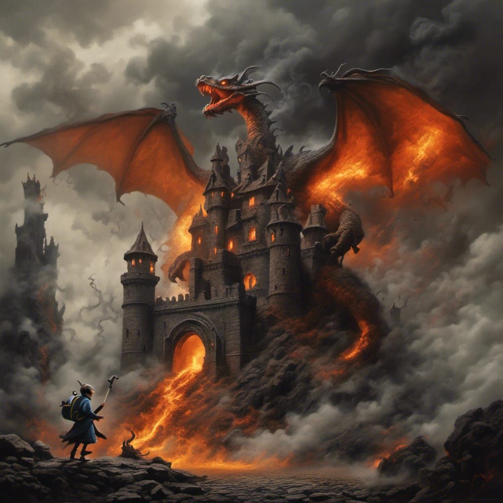 Minion and Dragon Battle Before Macabre Castle
