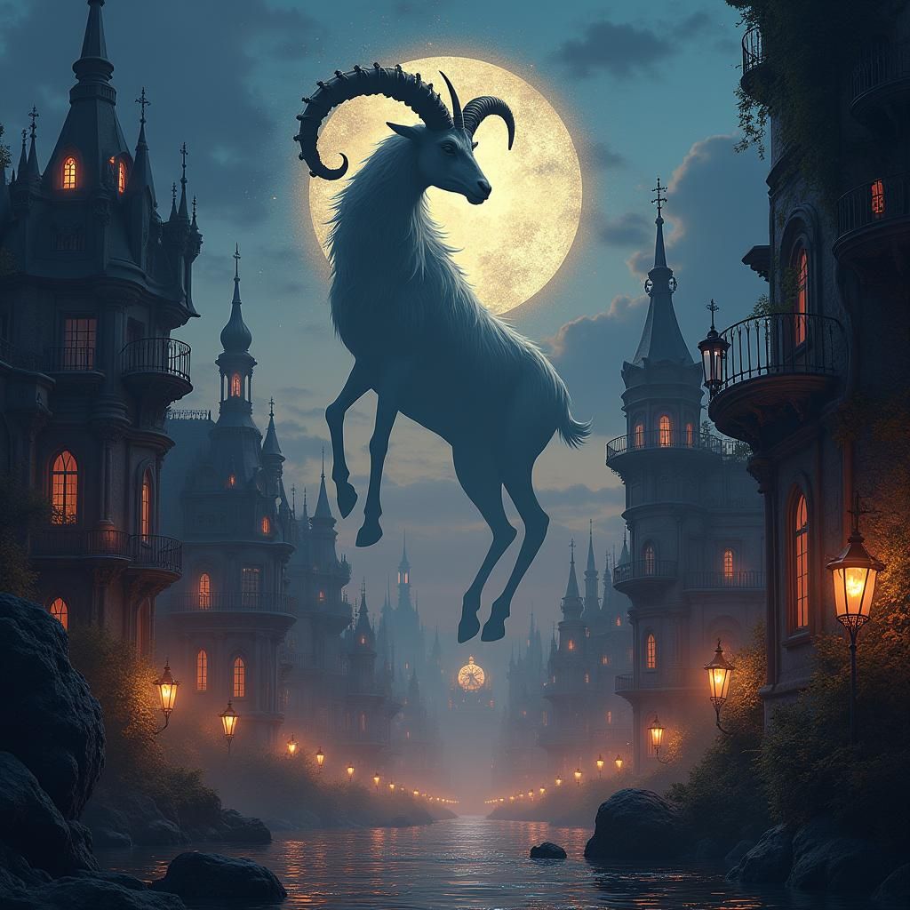 Mystical Capricorn Personification in Gothic Cityscape
