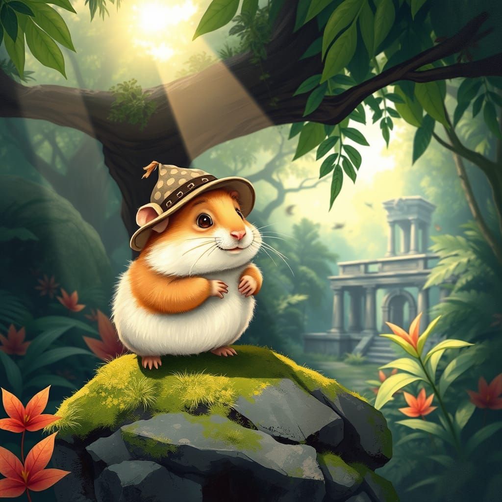 Curious Hamster Explorer in Lush Jungle Ruins