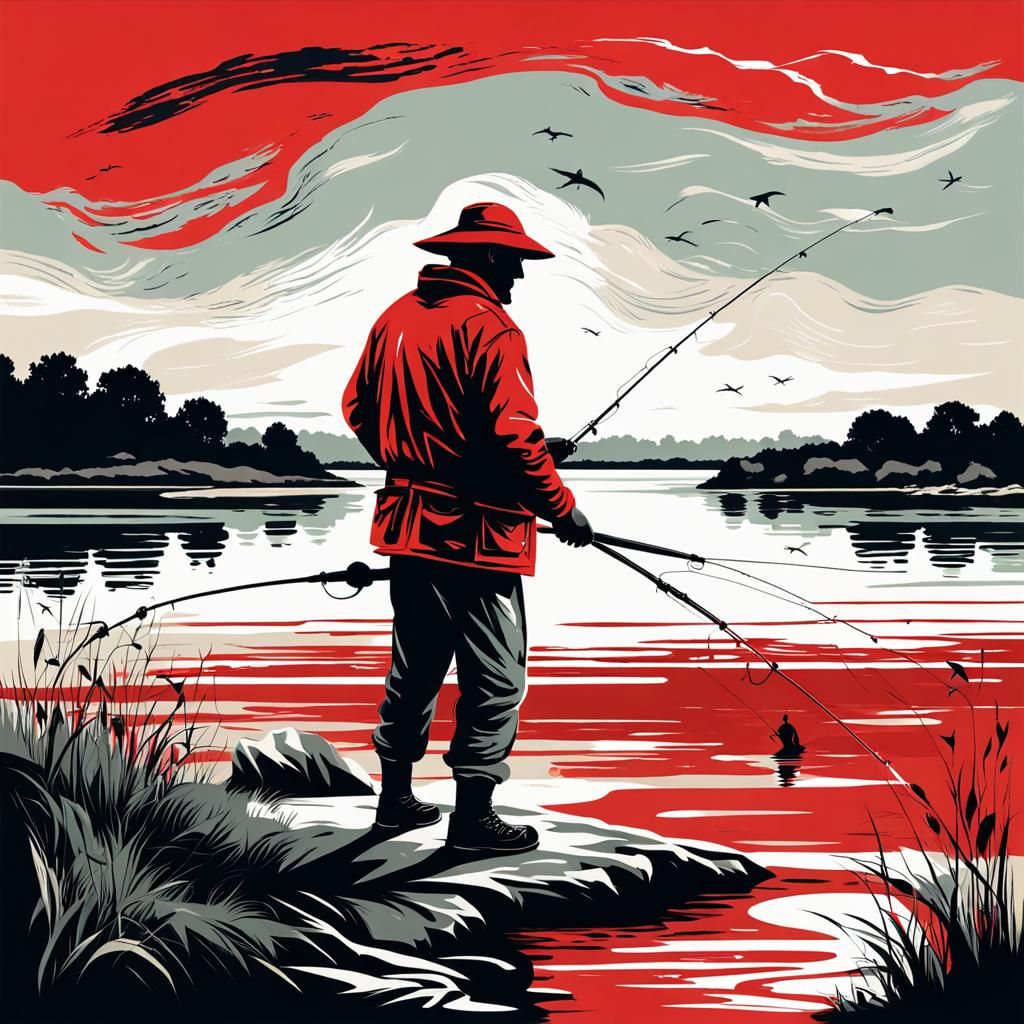 Fisherman Vector Graphic in Red and Black