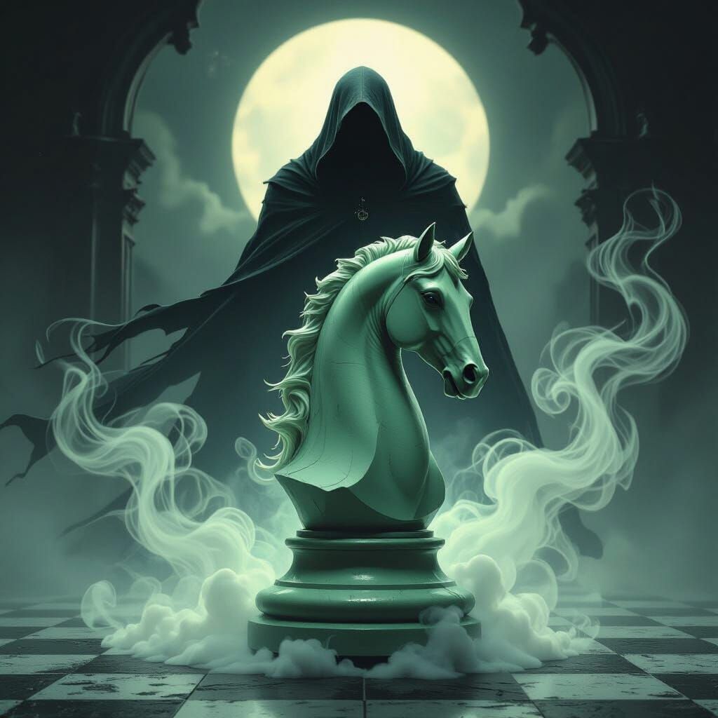 Pale Green Horse Chess Piece with Death in Gothic Style