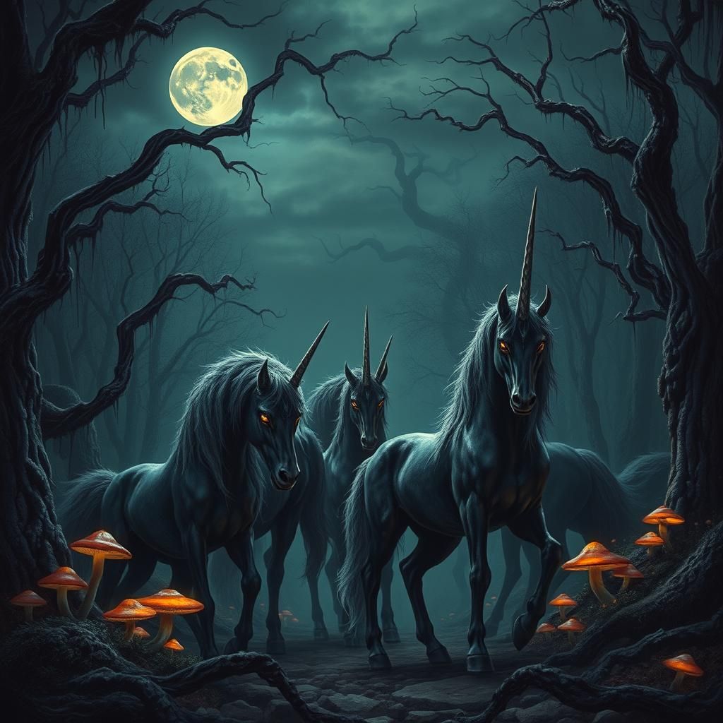 Eerie Dark Fantasy Forest with Malevolent Unicorns