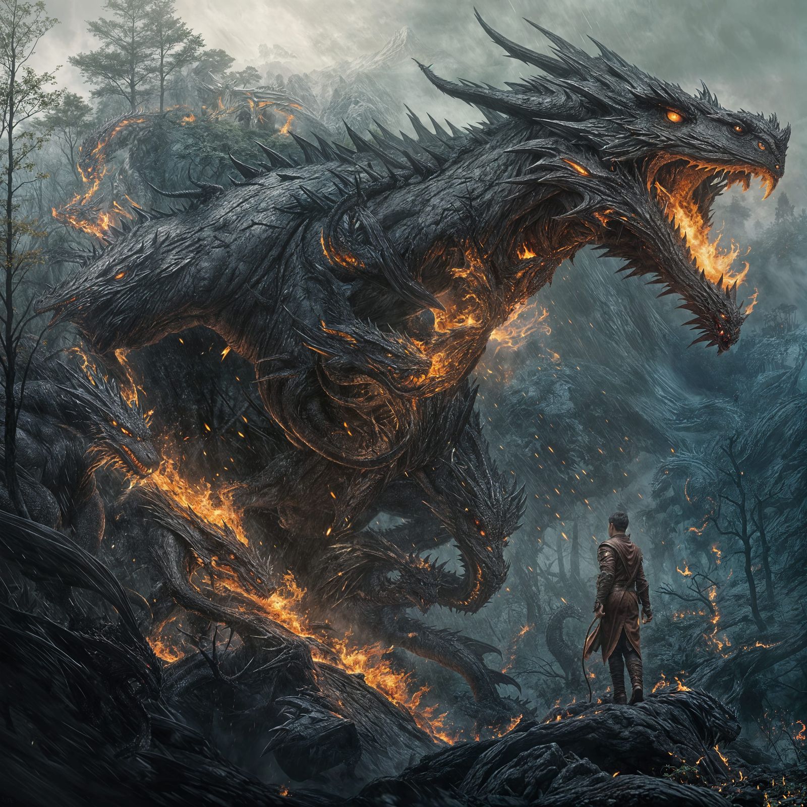 Dragon Emerges from Dark Forest in Fiery Silhouette