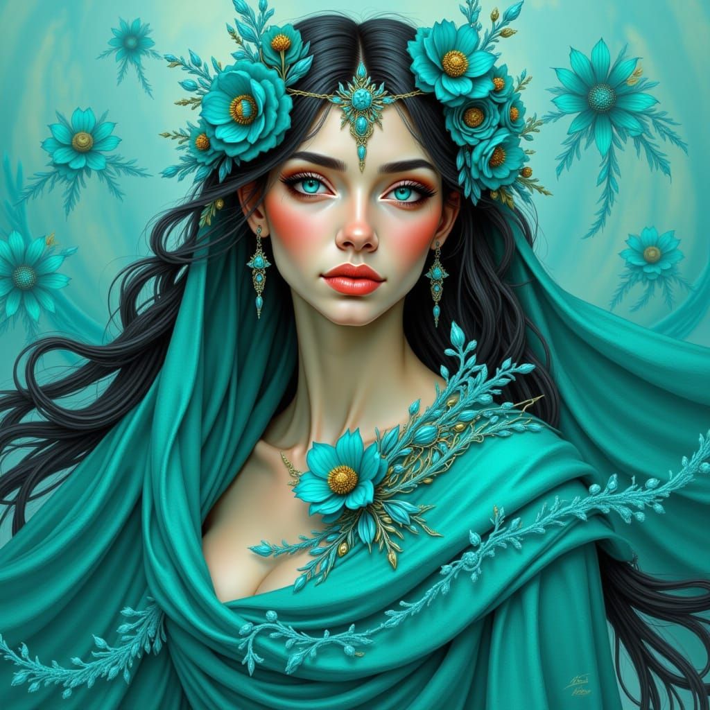 Turquoise Goddess in Dreamlike Landscape