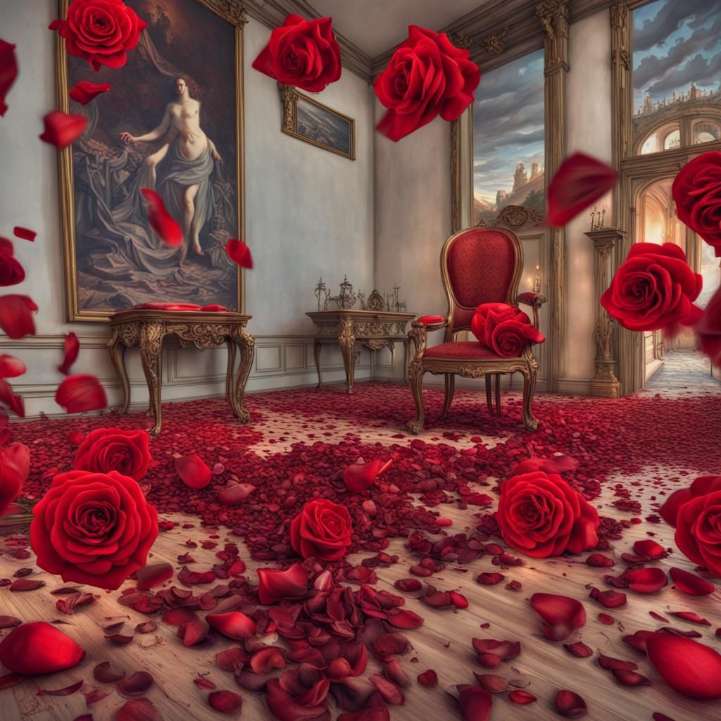 Surreal Room Overflowing with Blood-Red Roses