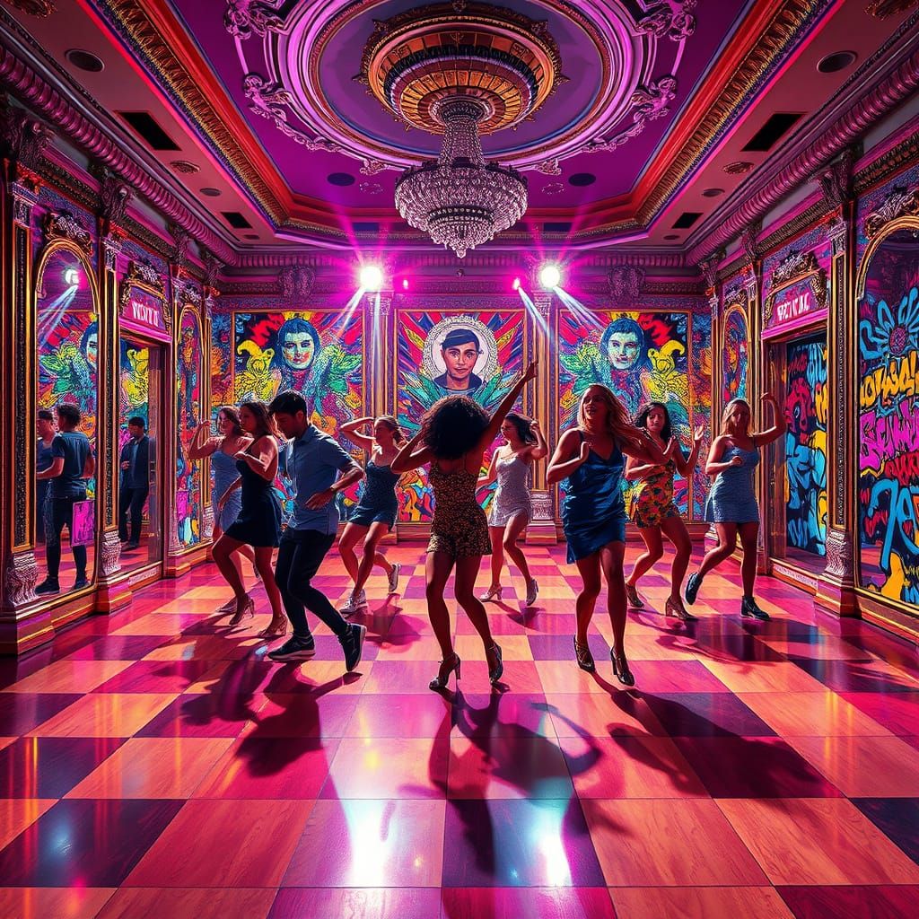Vibrant Disco Hall Scene in Neo-Expressionist Style