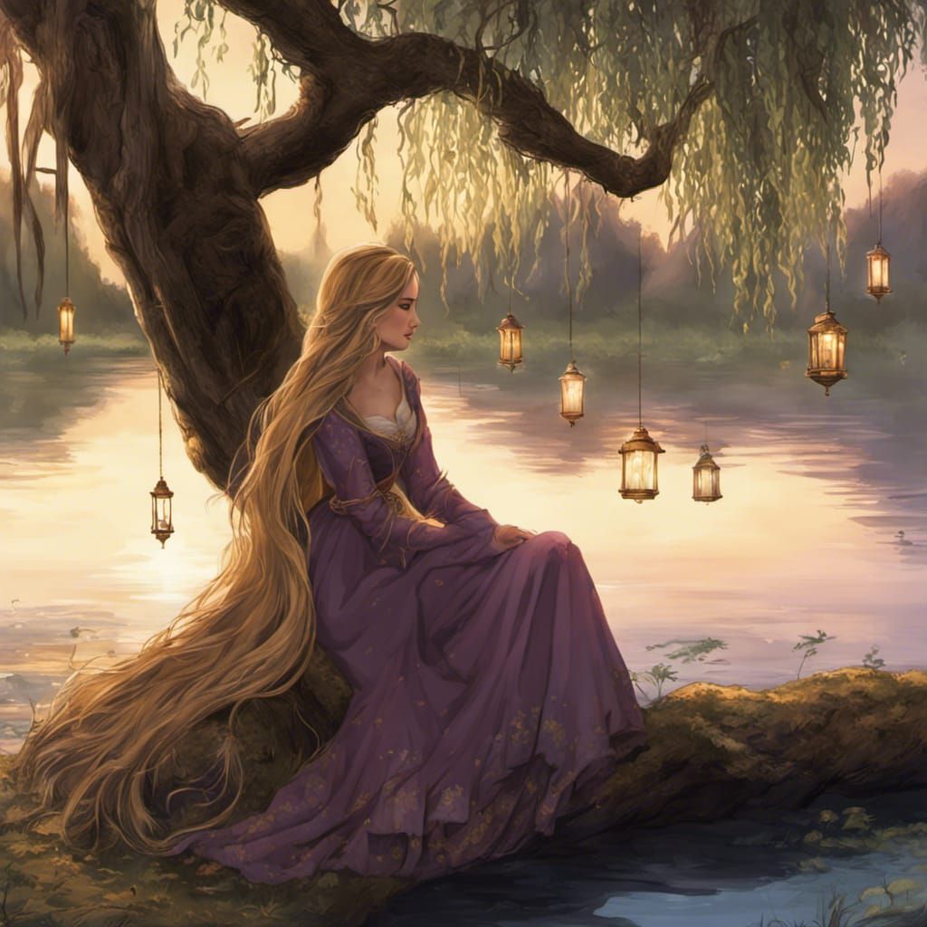 Rapunzel Under Willow Tree at Evening