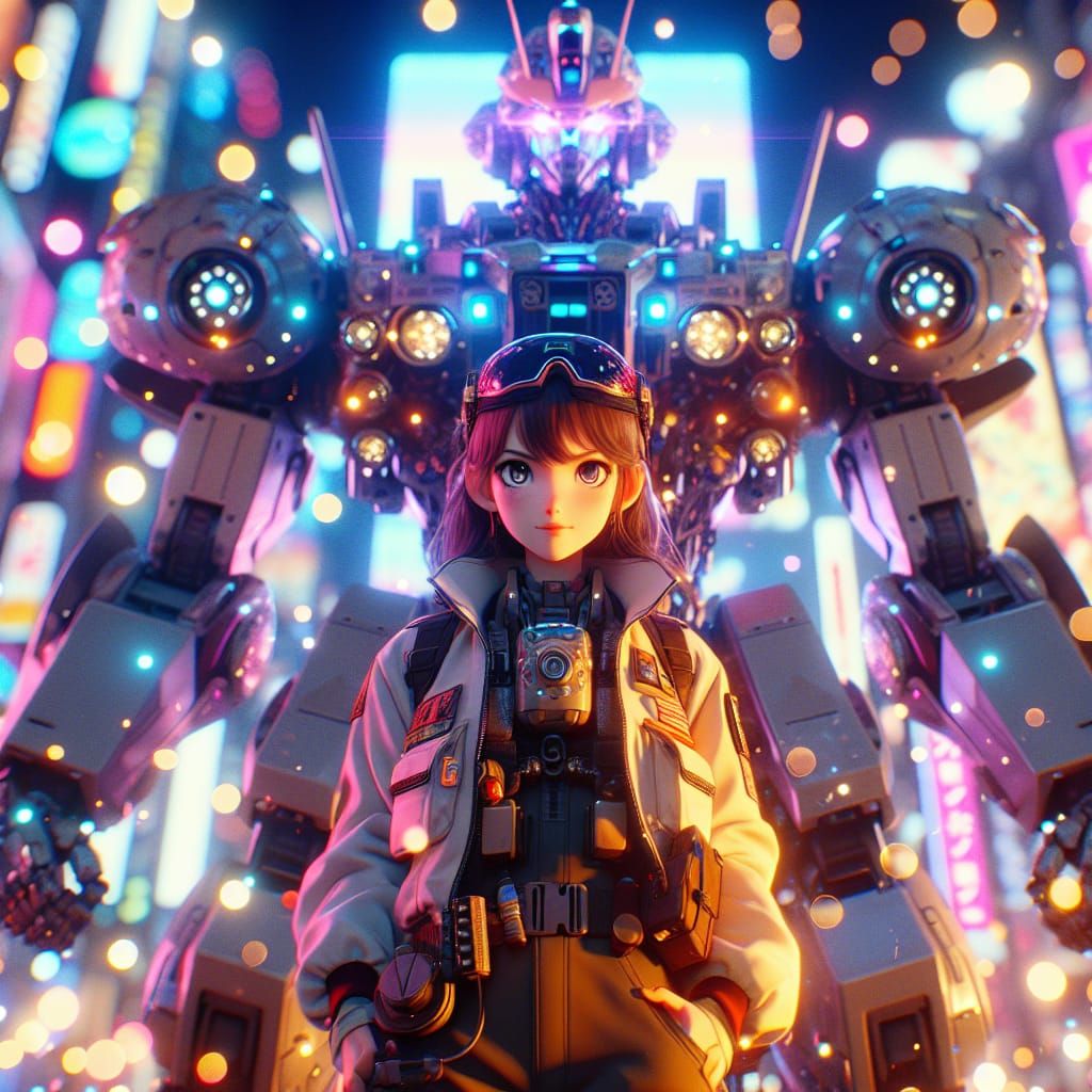 Pilot and Robot in Anime-Inspired Neon City