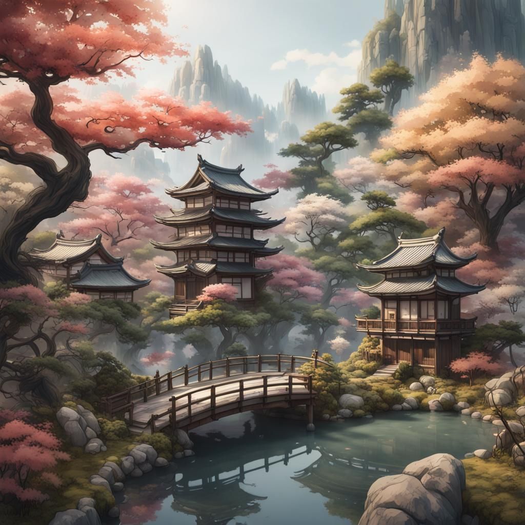 Watercolor Japanese Landscape with Fairy Garden Feel