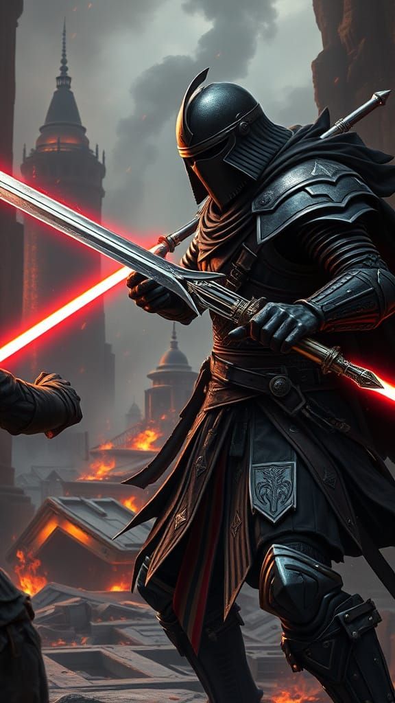 Cyberpunk Warrior Engages in Intense Duel Amidst Ruins