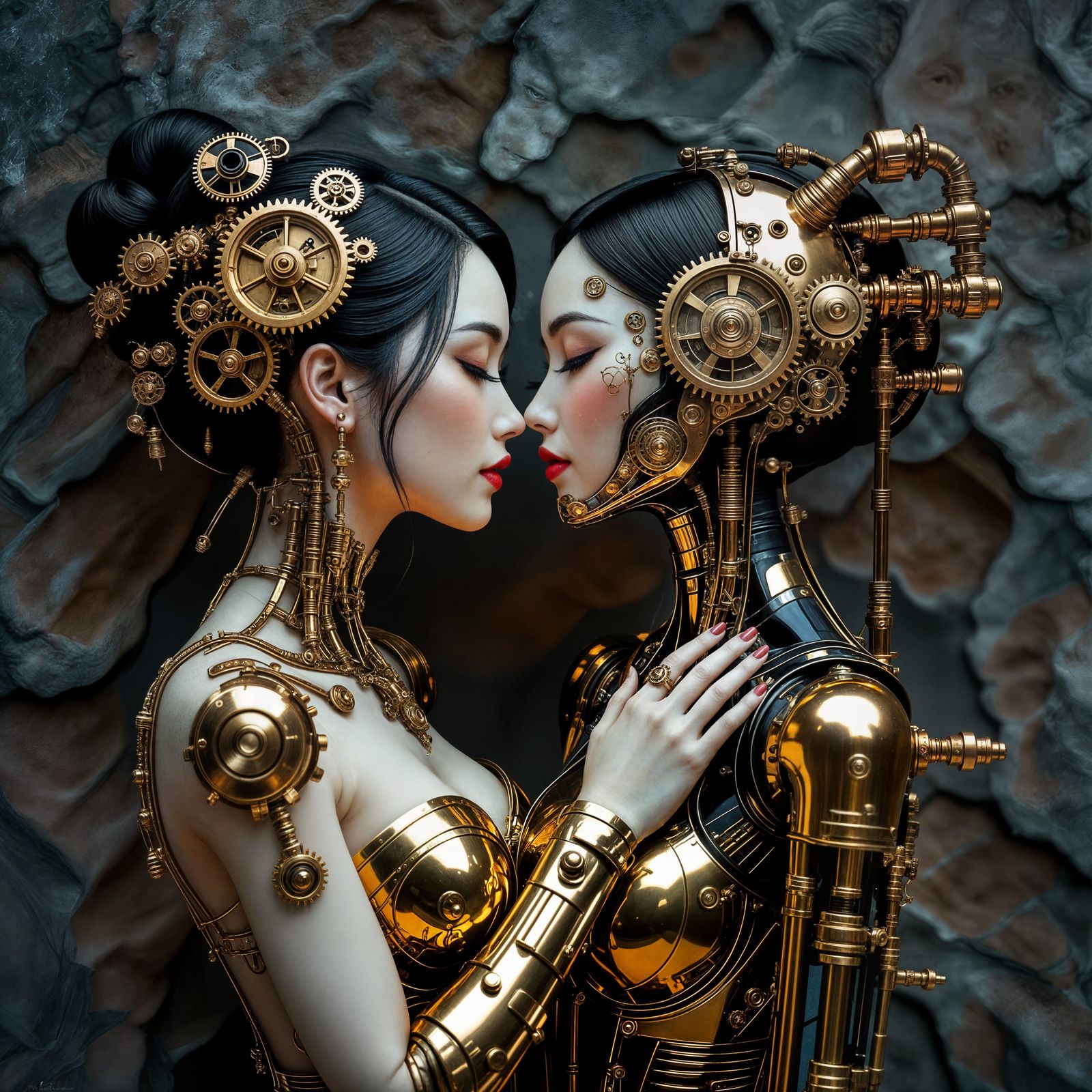 Steampunk Embrace: Brass and Copper Figures in Love