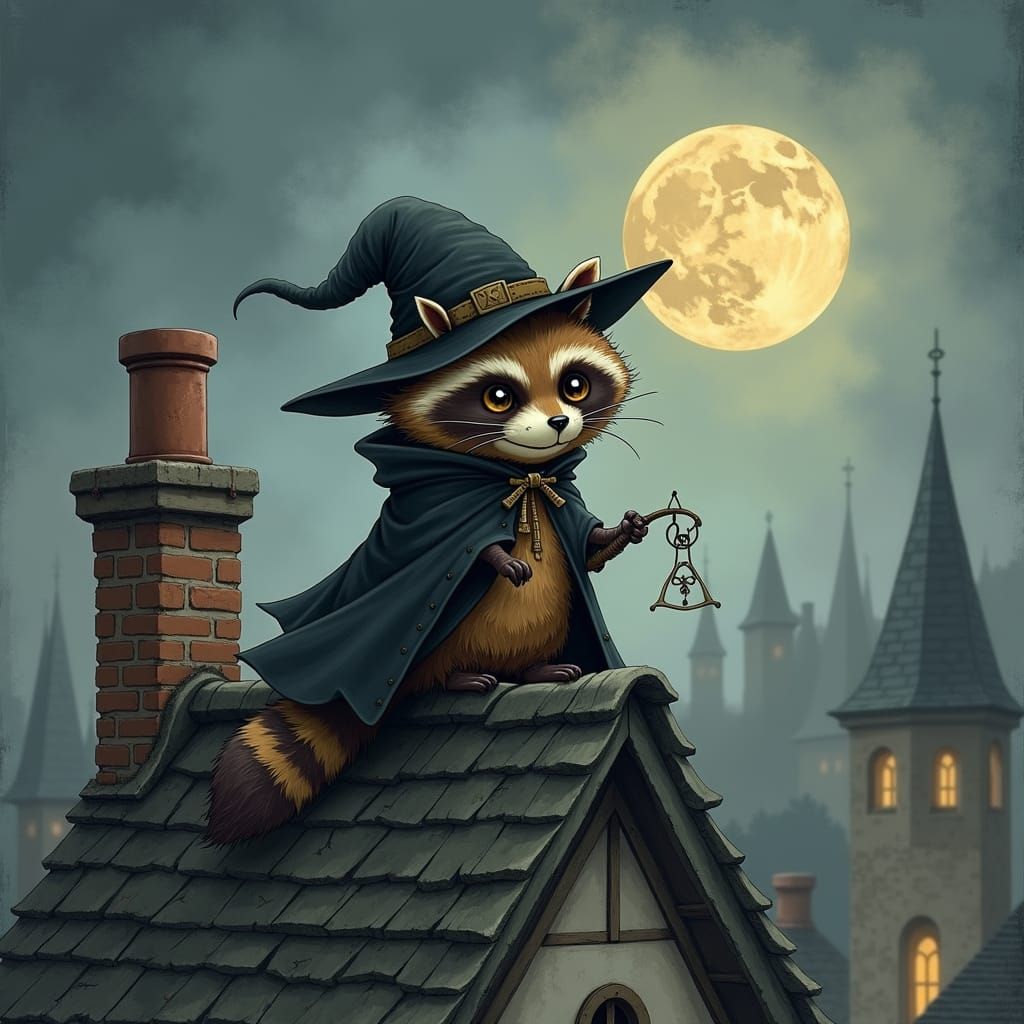 Chibi Raccoon Thief on Misty Rooftop