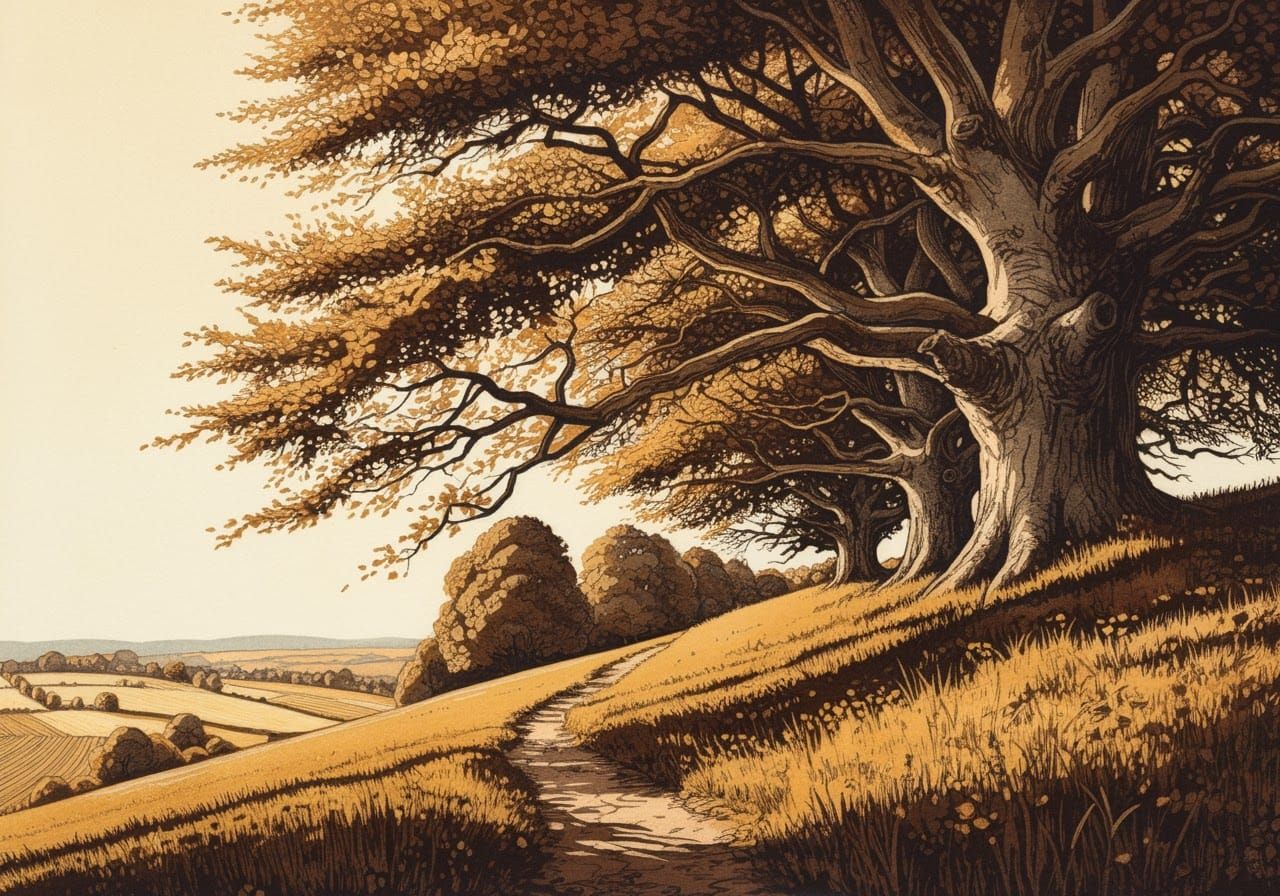 Beech Trees in Etching and Aquatint Style