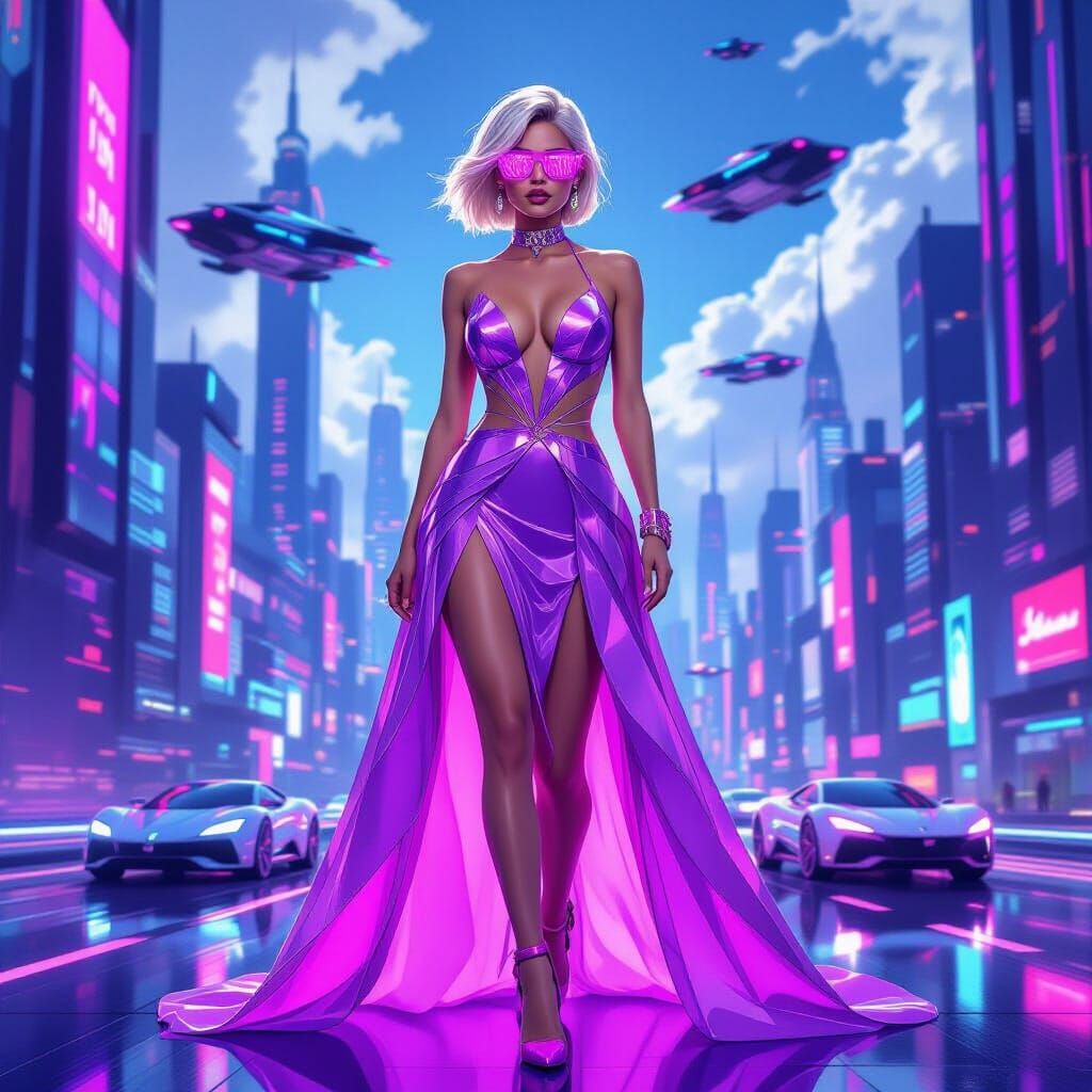 Futuristic Woman in Crystal Gown in Neon Metropolis