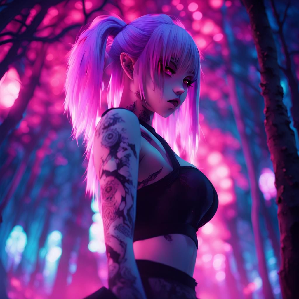Anime Girl in Spooky Environment with Neon Colors