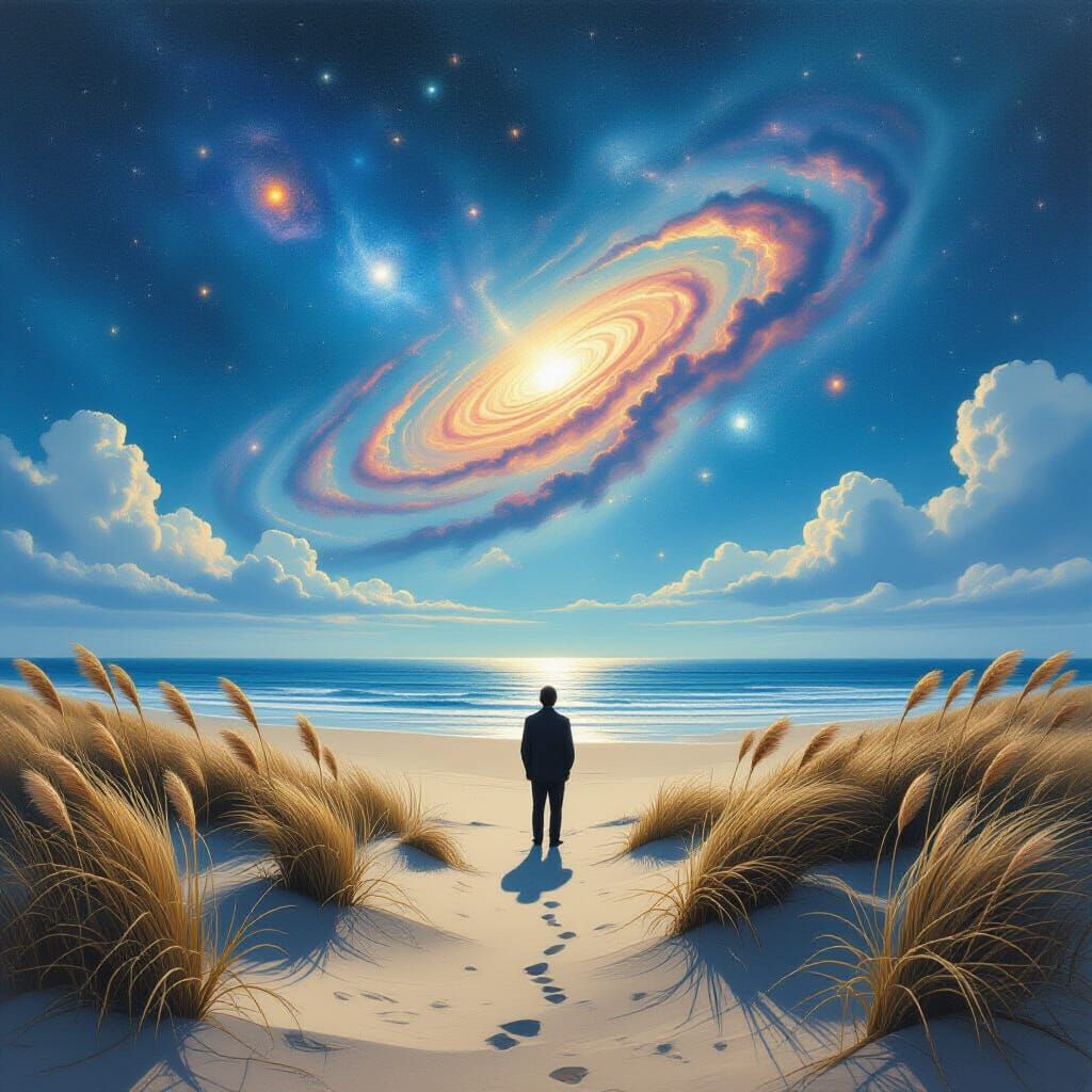 Solitary Figure Gazes at Cosmic Beach Sky