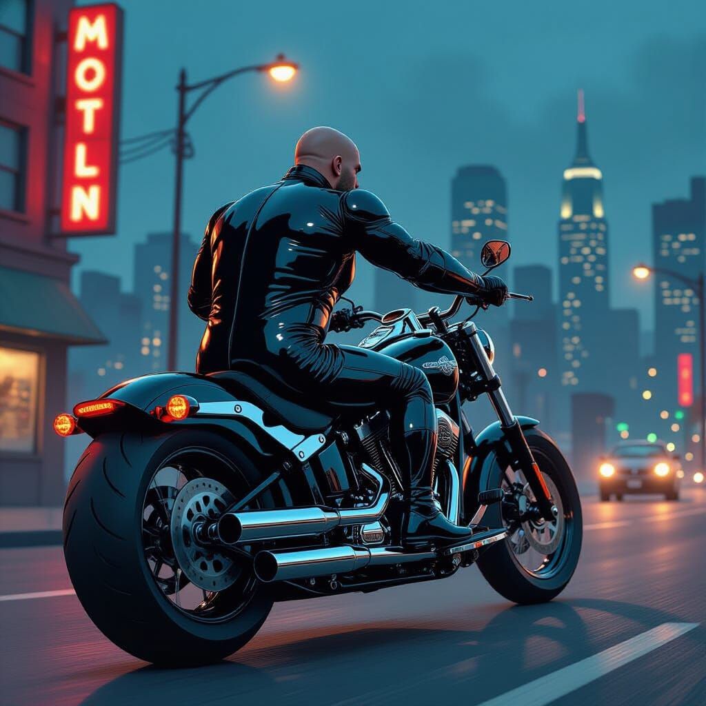 Bald Man in Rubber Catsuit Rides Motorcycle Neo-Noir Style