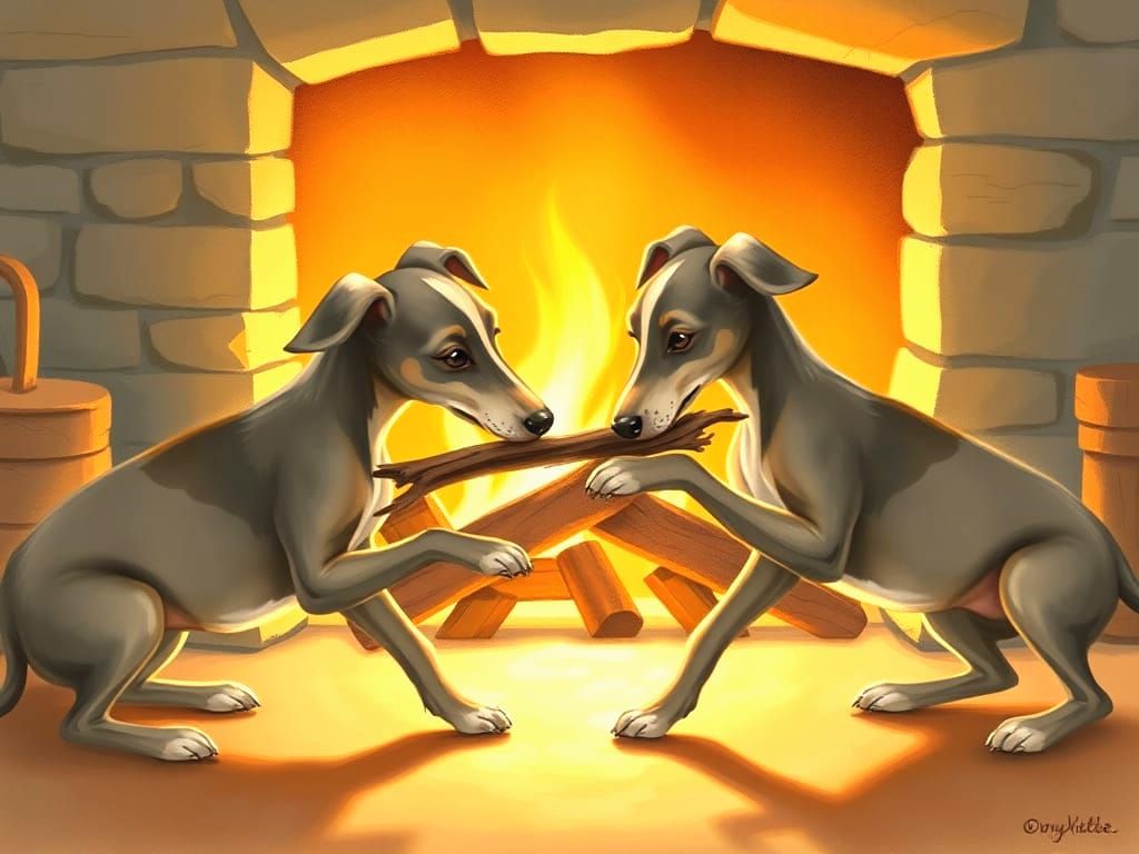 Baby Greyhounds Play With Wood by Fireplace