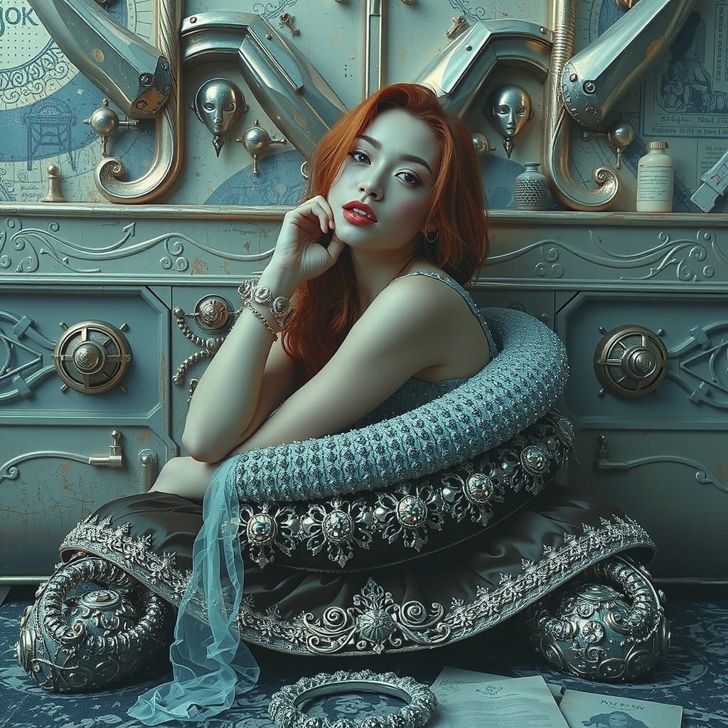 Futuristic Woman in Gown, Surreal Cityscape Art