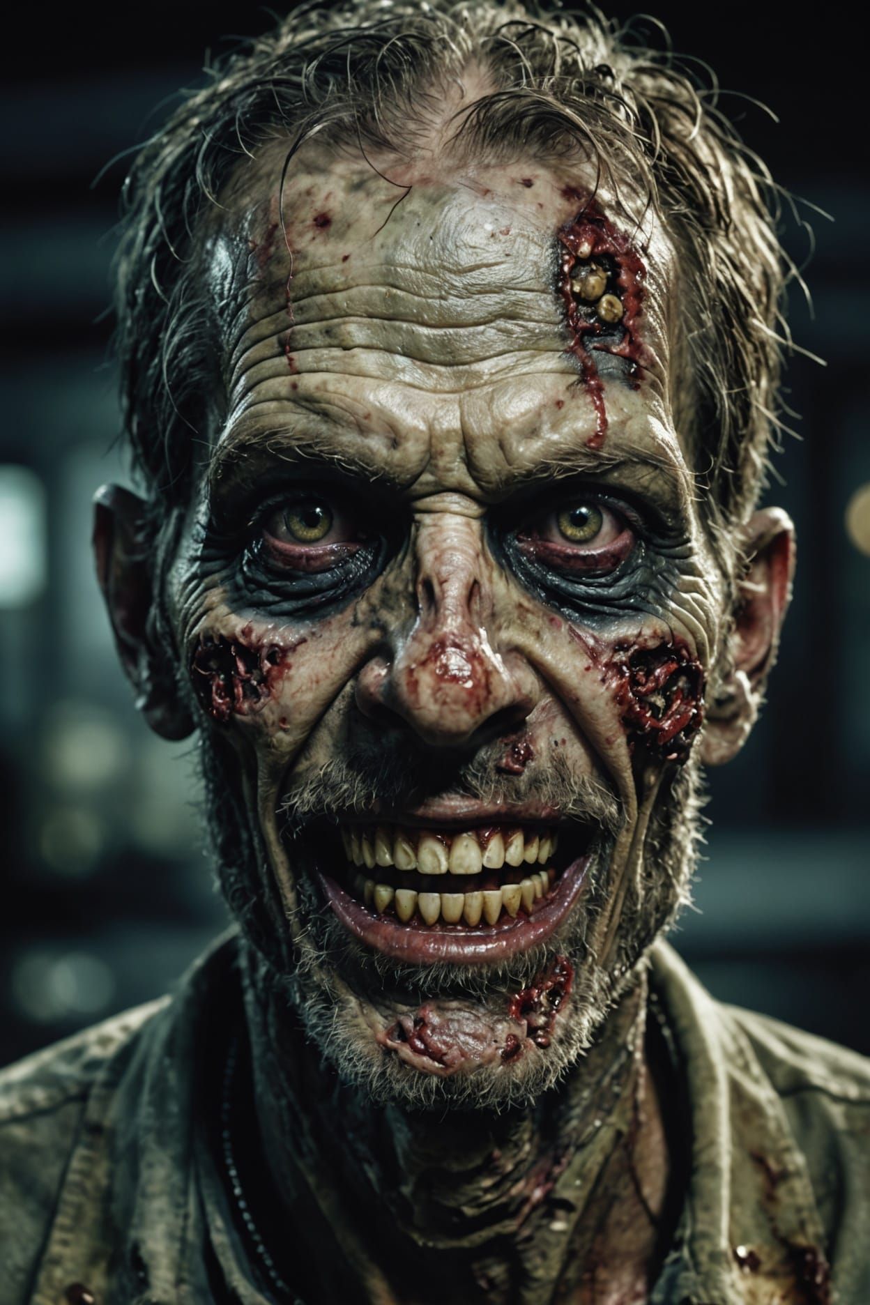 Eerie Smiling Zombie Portrait in Hyperrealistic 4K