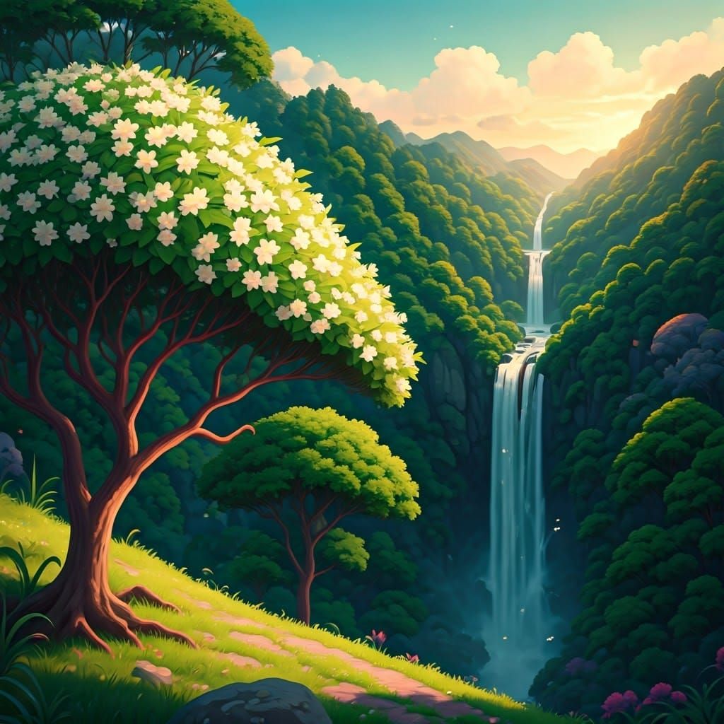 Blooming Jasmine Tree on a Misty Mountain Slope