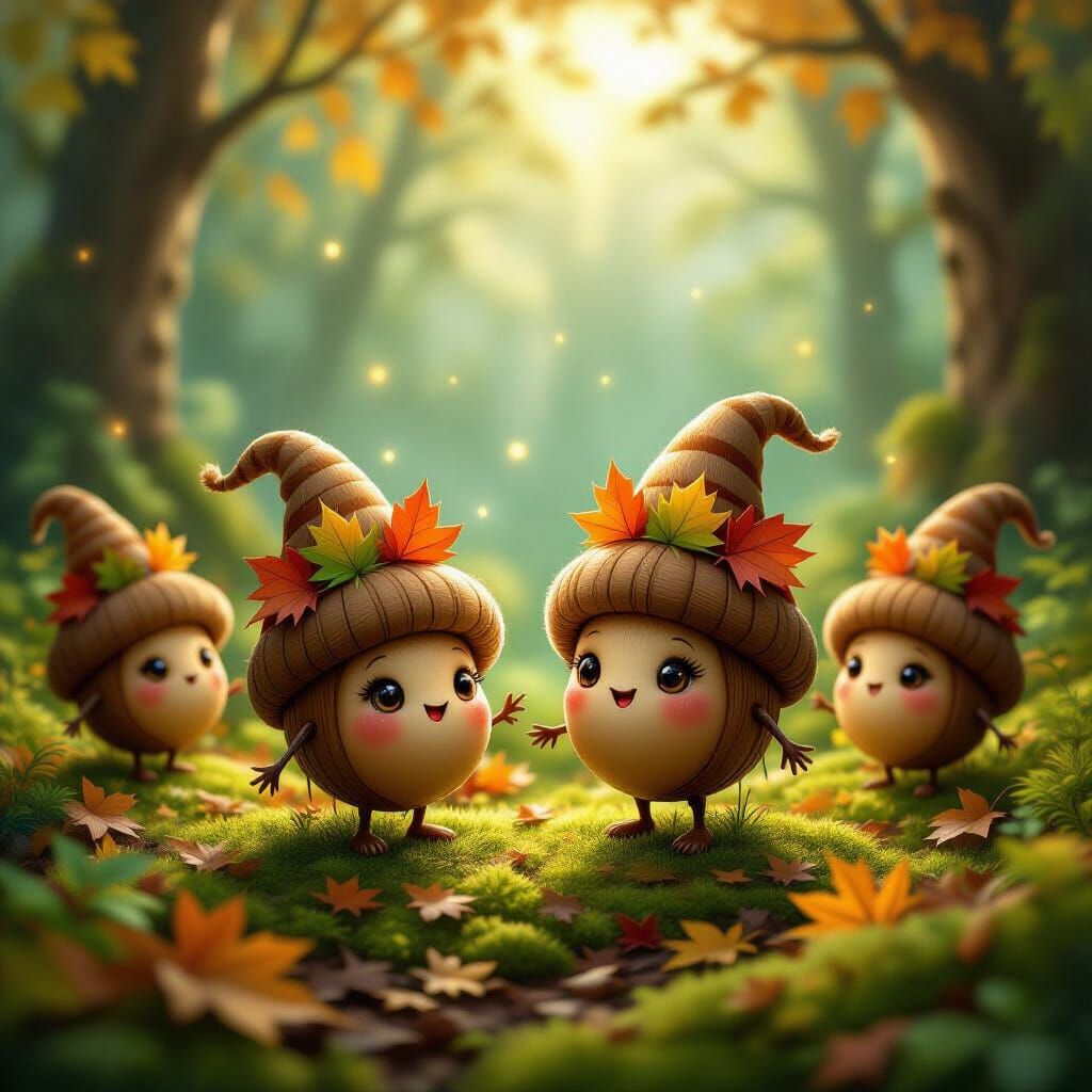 Magical Acorn Creatures in Enchanted Forest